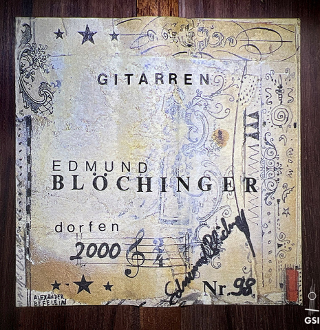 This is a label of a 2000 Edmund Blochinger classical guitar made with spruce and csa rosewood