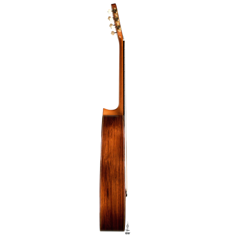 This is a side of a 2000 Edmund Blochinger classical guitar made with spruce and csa rosewood on a white background