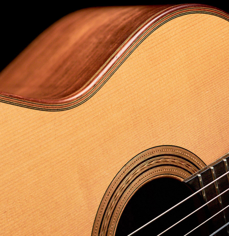 The soundboard and side of a 2004 Edmund Blöchinger classical guitar made with spruce and CSA rosewood