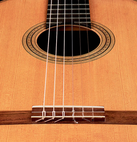 The bridge and soundboard of a 2004 Edmund Blöchinger classical guitar made with spruce and CSA rosewood