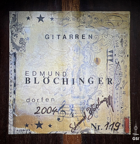 The label of a 2004 Edmund Blöchinger classical guitar made with spruce and CSA rosewood