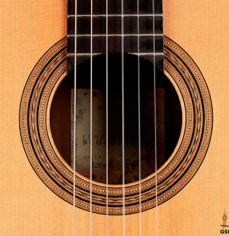 The rosette of a 2004 Edmund Blöchinger classical guitar made with spruce and CSA rosewood