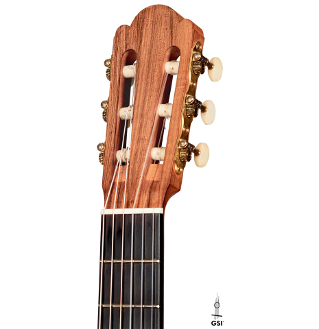 The headstock and tuners of a 2004 Edmund Blöchinger classical guitar made with spruce and CSA rosewood
