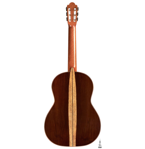 The back of a 2018 Florian Blöchinger classical guitar made of spruce and CSA rosewood