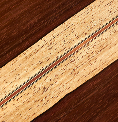 A close-up of the back of a 2018 Florian Blöchinger classical guitar made of spruce and CSA rosewood