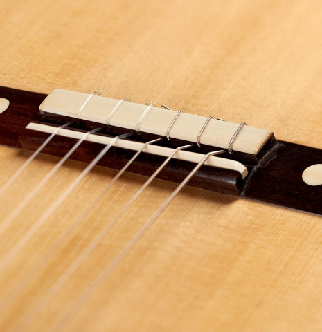 The bridge, tie-block and saddle of a 2018 Florian Blöchinger classical guitar made of spruce and CSA rosewood
