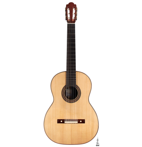 The front of a 2018 Florian Blöchinger classical guitar made of spruce and CSA rosewood