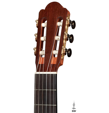 The headstock and machine heads of a 2018 Florian Blöchinger classical guitar made of spruce and CSA rosewood