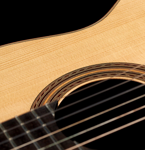The soundboard and rosette of a 2018 Florian Blöchinger classical guitar made of spruce and CSA rosewood