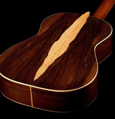 The back and sides of a 2003 Edmund Blöchinger classical guitar made of cedar and CSA rosewood