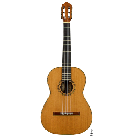 The front of a 2003 Edmund Blöchinger classical guitar made of cedar and CSA rosewood