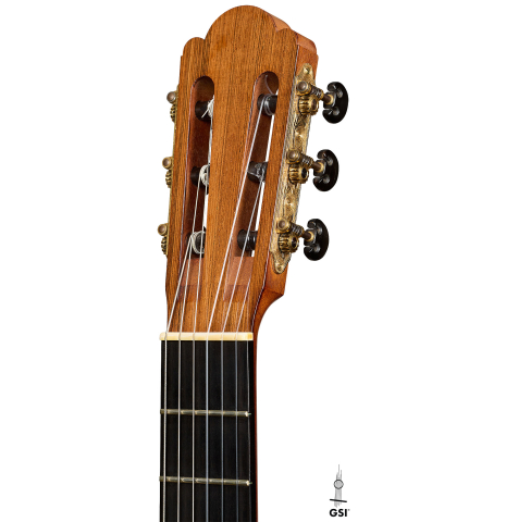 The headstock of a 2003 Edmund Blöchinger classical guitar made of cedar and CSA rosewood
