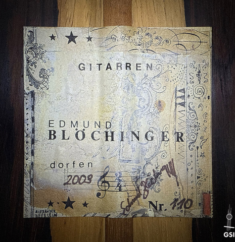 The label of a 2003 Edmund Blöchinger classical guitar made of cedar and CSA rosewood
