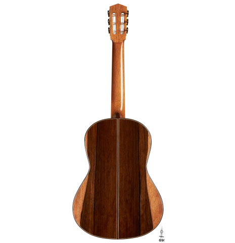 The back of a 2023 Elias Bonet classical guitar made of cedar and green ebony