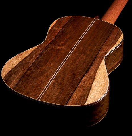 The back and sides of a 2023 Elias Bonet classical guitar made of cedar and green ebony