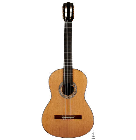 The front of a 2023 Elias Bonet classical guitar made of cedar and green ebony