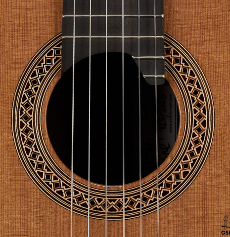 The rosette of a 2023 Elias Bonet classical guitar made of cedar and green ebony