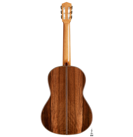 The back of a 2025 Elias Bonet classical guitar made of cedar and green ebony