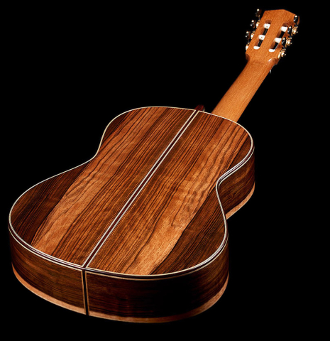 The back and sides of a 2025 Elias Bonet classical guitar made of cedar and green ebony