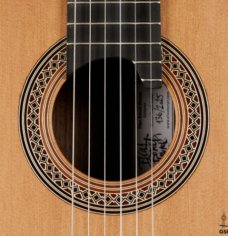 The rosette of a 2025 Elias Bonet classical guitar made of cedar and green ebony