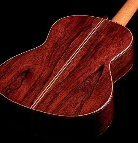 The African rosewood back of a 2022 Elias Bonet classical guitar
