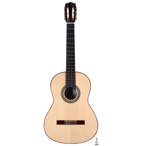The front of a 2022 Elias Bonet classical guitar on a white background