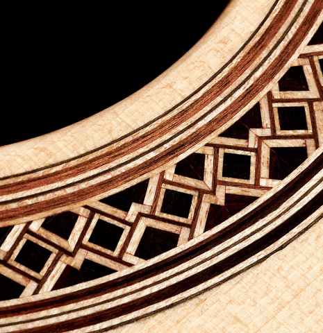 The close-up of a rosette of a 2022 Elias Bonet classical guitar