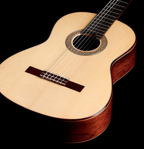 The spruce top of a 2022 Elias Bonet classical guitar