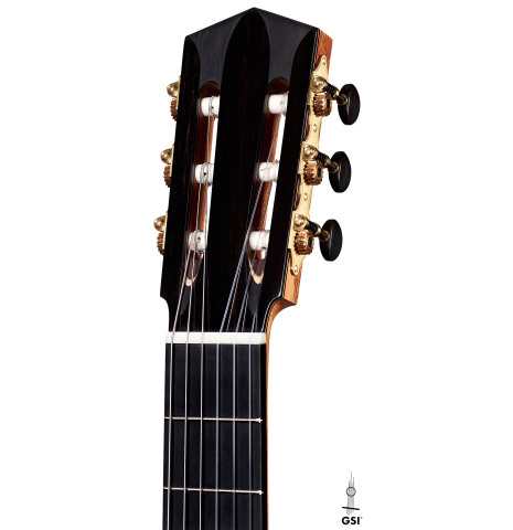 The headstock and machine heads of a 2022 Elias Bonet classical guitar on a white background