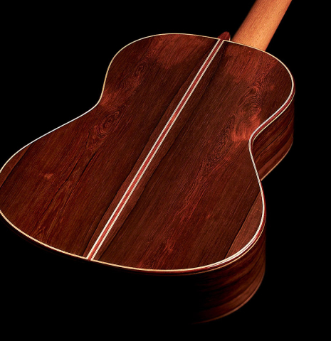 The African rosewood back of a 2023 Elias Bonet classical guitar made with spruce top and African rosewood back and sides