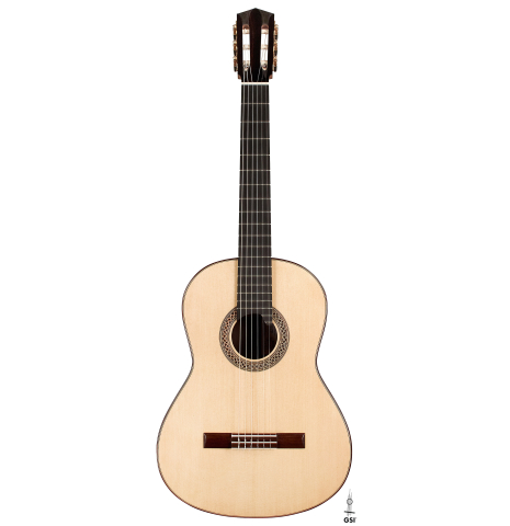 The front of a 2023 Elias Bonet classical guitar on a white background
