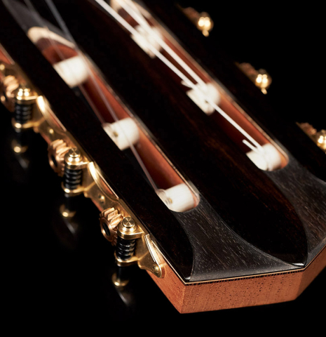 The headstock and tuning machines of a 2023 Elias Bonet classical guitar made with spruce top and African rosewood back and sides