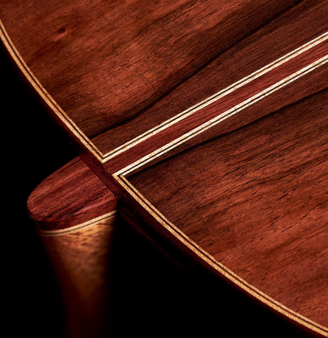 The heel and back of a 2023 Elias Bonet classical guitar made with spruce top and African rosewood back and sides
