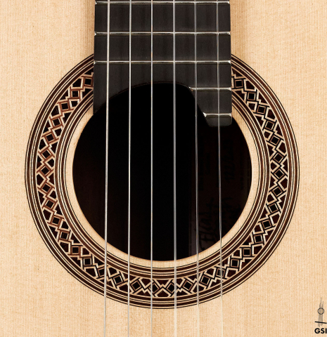 The rosette of a 2023 Elias Bonet classical guitar made with spruce top and African rosewood back and sides