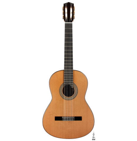 The front of a 2024 Elias Bonet classical guitar made of cedar and African rosewood