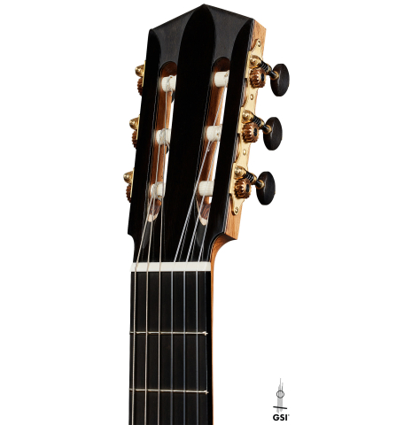 The headstock of a 2024 Elias Bonet classical guitar made of cedar and African rosewood