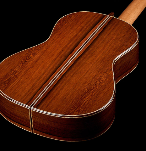 The back and sides of a 2026 Elias Bonet classical guitar made of cedar and African rosewood