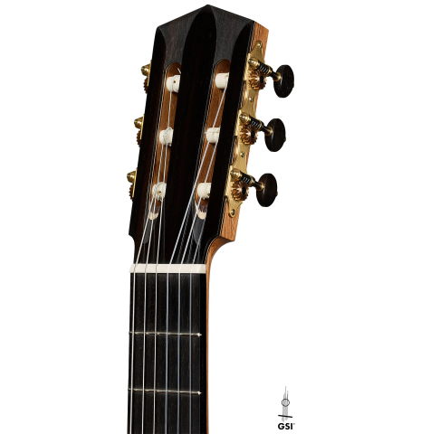The headstock of a 2026 Elias Bonet classical guitar made of cedar and African rosewood
