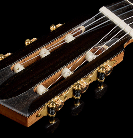 The headstock and tuning machines of a 2026 Elias Bonet classical guitar made of cedar and African rosewood