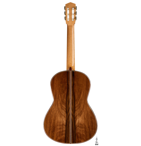 The back of a 2025 Elias Bonet classical guitar made of spruce and green ebony