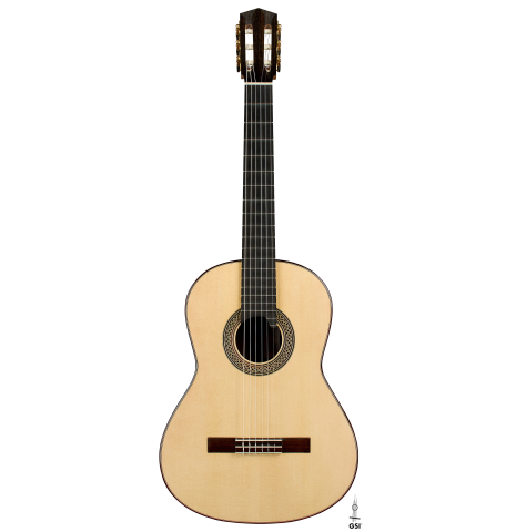 The front of a 2025 Elias Bonet classical guitar made of spruce and green ebony