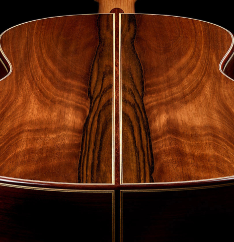 The back and sides of a 2025 Elias Bonet classical guitar made of spruce and green ebony