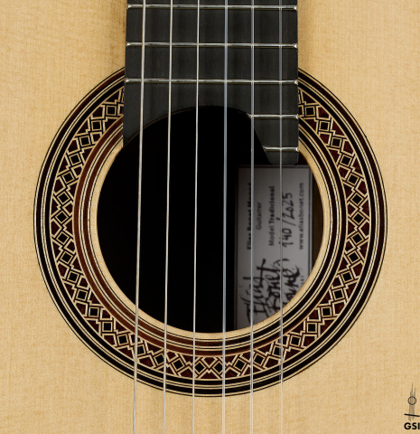 The rosette of a 2025 Elias Bonet classical guitar made of spruce and green ebony