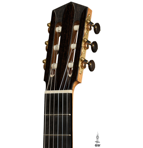 The headstock of a 2025 Elias Bonet classical guitar made of spruce and green ebony