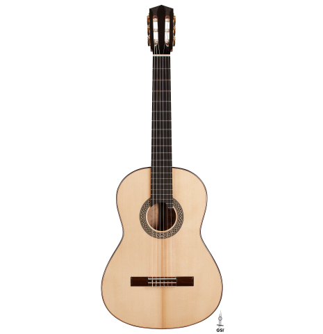 The front of a 2024 Elias Bonet classical guitar made of spruce and maple