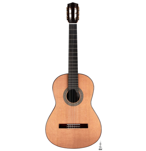 The front of a 2023 Elias Bonet "Aire" classical guitar made of cedar and Green ebony.