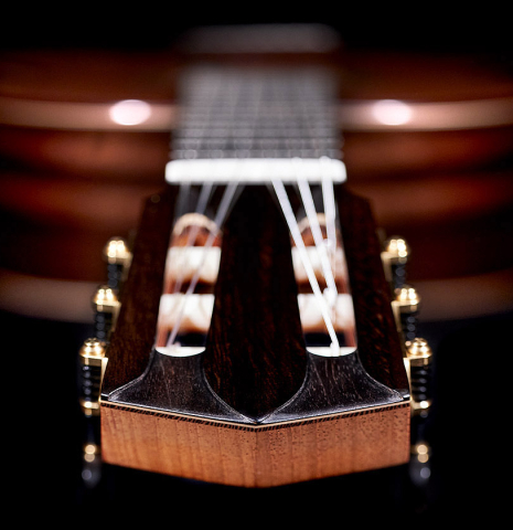 The headstock and neck of a 2023 Elias Bonet &quot;Aire&quot; classical guitar made of cedar and Green ebony.