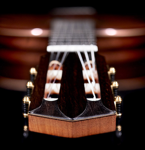 The headstock and neck of a 2023 Elias Bonet "Aire" classical guitar made of cedar and Green ebony.