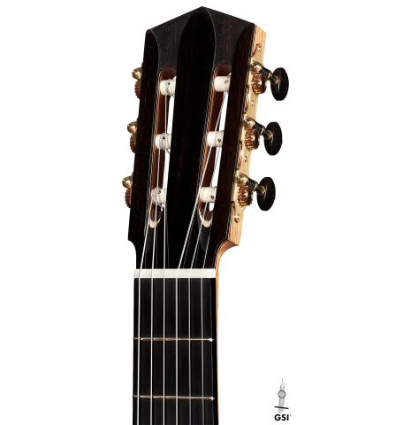 The headstock of a 2023 Elias Bonet &quot;Aire&quot; classical guitar made of cedar and Green ebony.