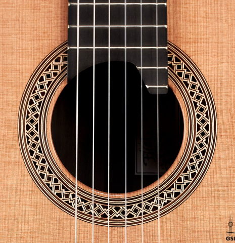 The rosette of a 2023 Elias Bonet &quot;Aire&quot; classical guitar made of cedar and Green ebony.